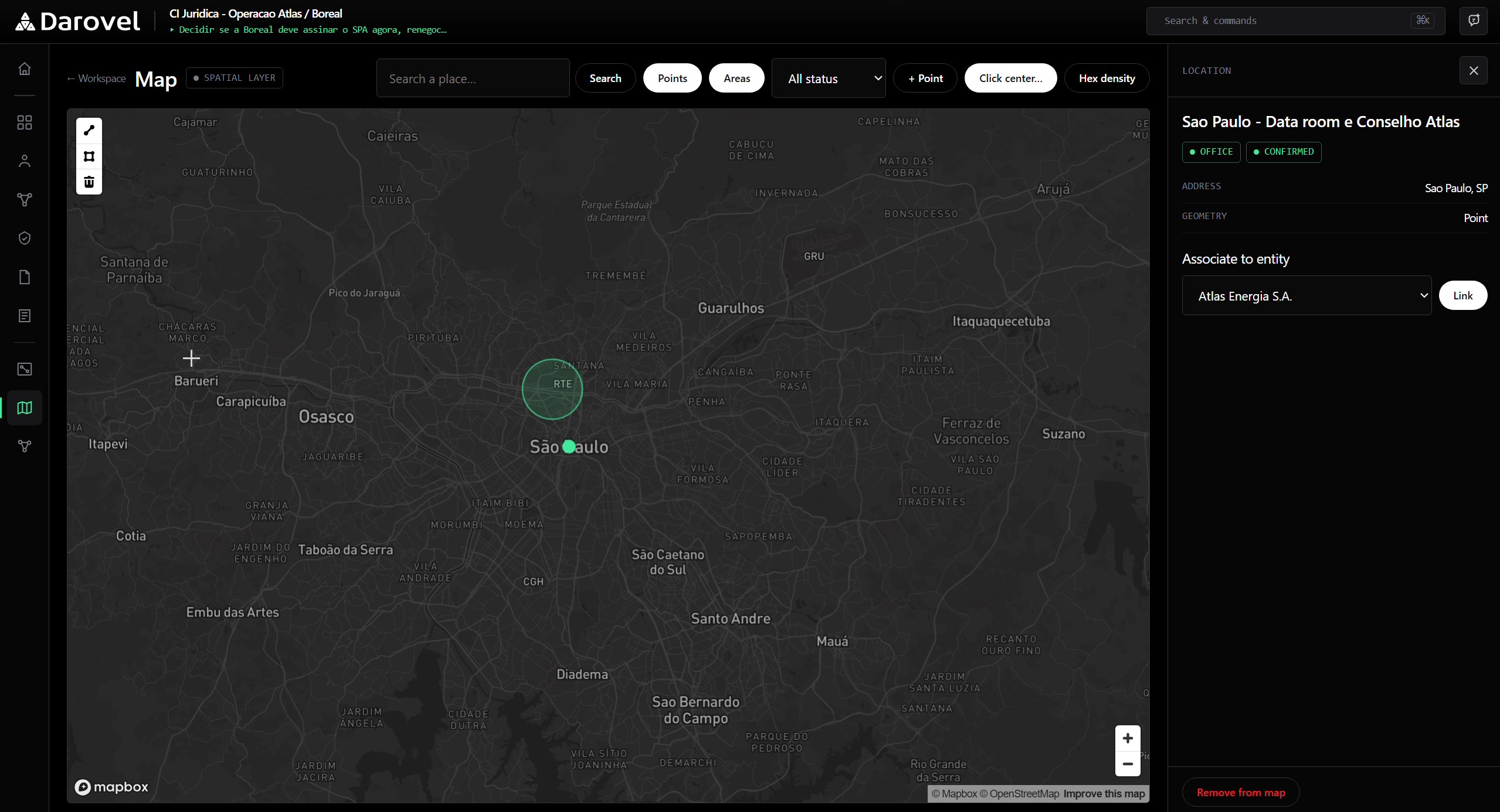 Darovel spatial workspace mapping strategic entities and areas in São Paulo