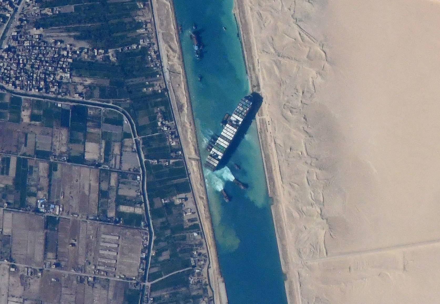 The Ever Given wedged across the Suez Canal, photographed from the International Space Station on 27 March 2021